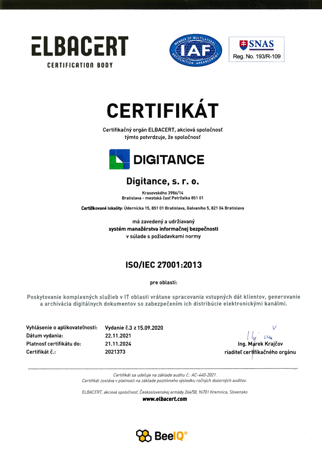 Digitance BeeIQ ISO 27001