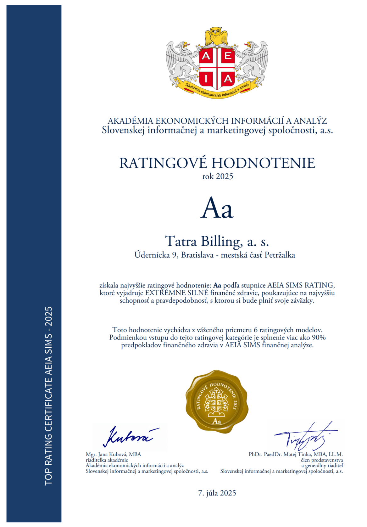 Tatrabilling Ratingové hodnotenie 2025