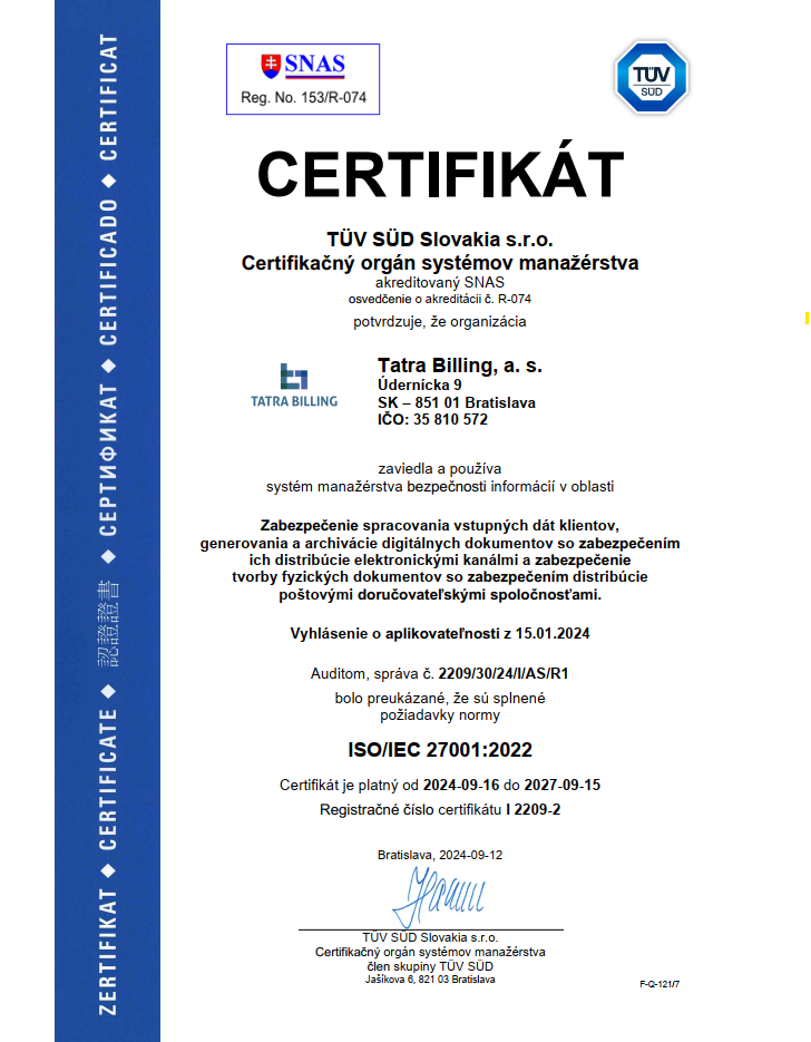 Tatrabilling ISO/IEC 27001 TUV SUD